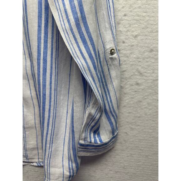 Woman Striped Linen Button Up Tunic Shirt White Blue L Jones New York Classy - Picture 2 of 9